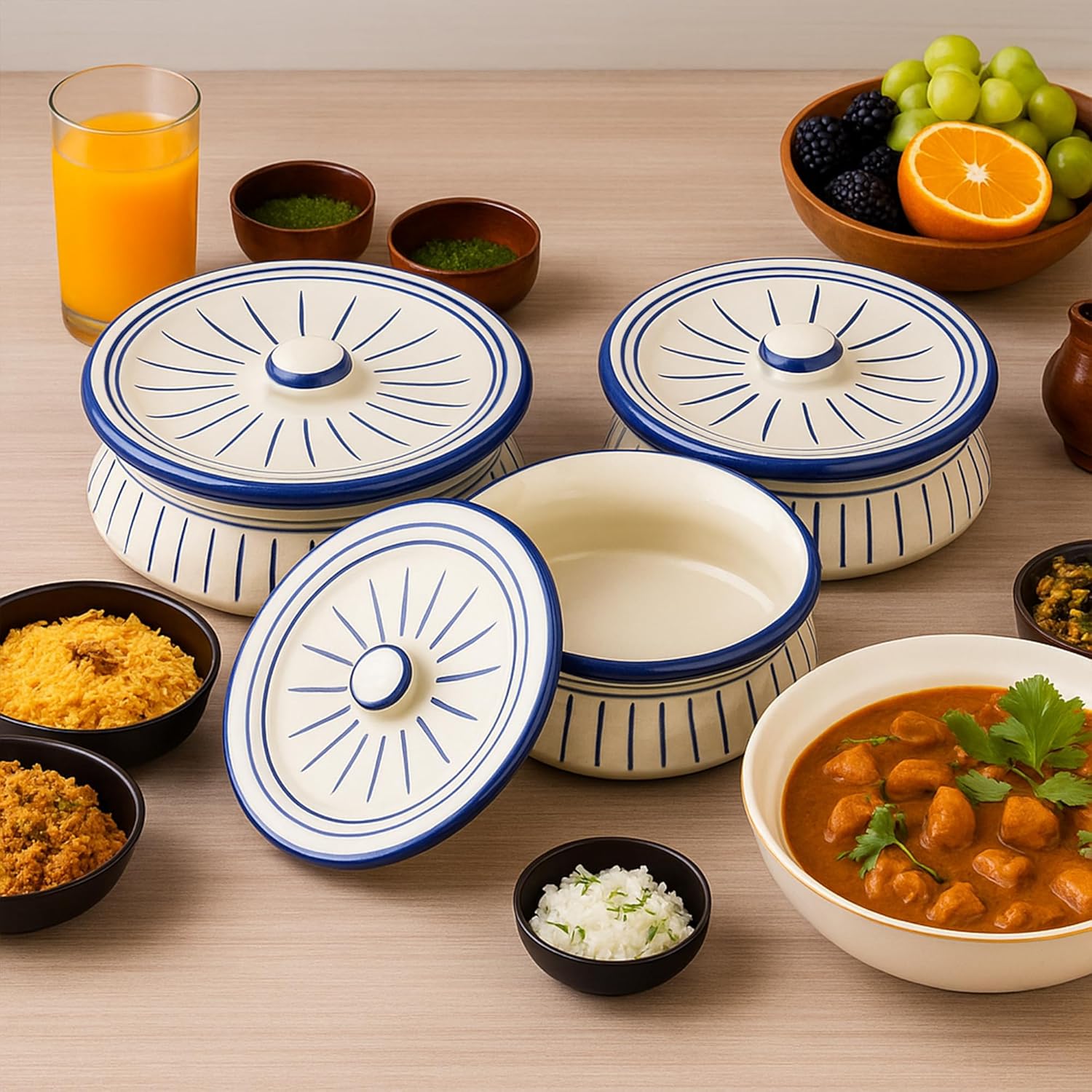 Elegant Ceramic Casserole Serving Bowl Set with Lids – Blue & White Design